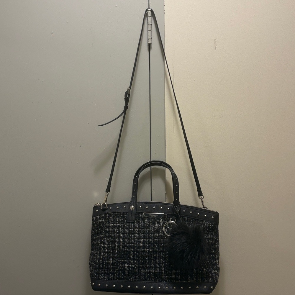 Henri Bendel Black Tweed Handbag with Fur Pom Pom - Picture 2 of 7